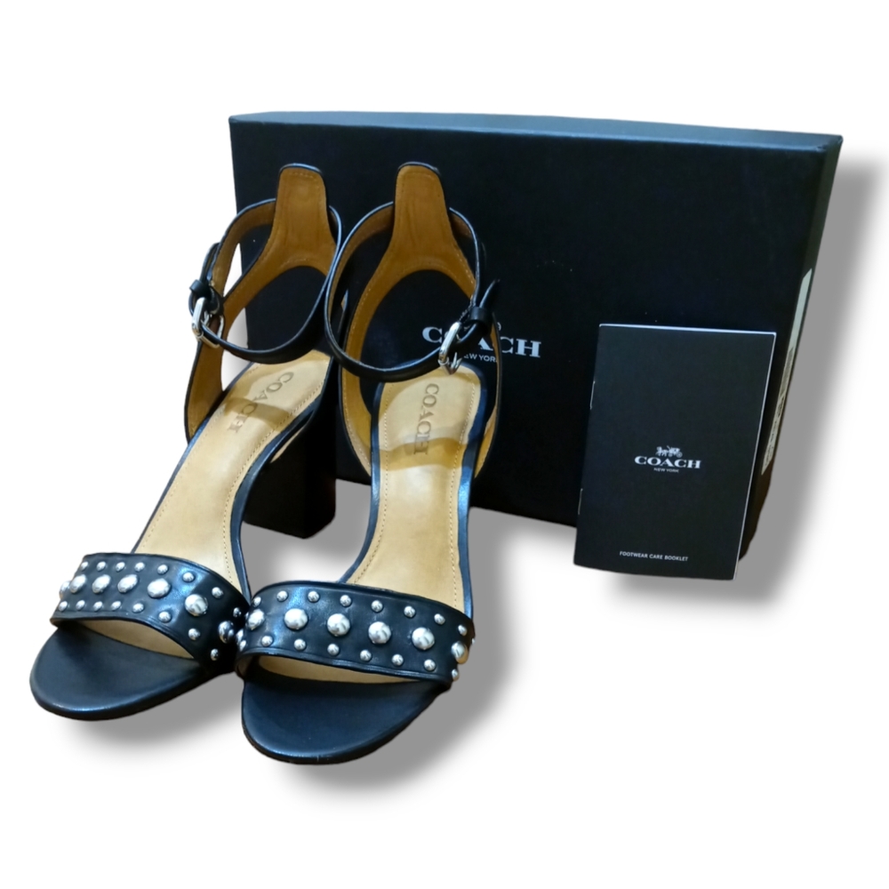 Coach Paige Silver Studded Black Open Toe Ankle Strap Block Heel Sandal …